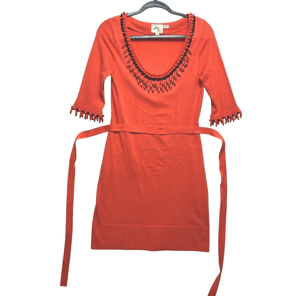 Milly New York Knit Dress Womens Small Orange 3/4 Sleeve Neckline Beaded